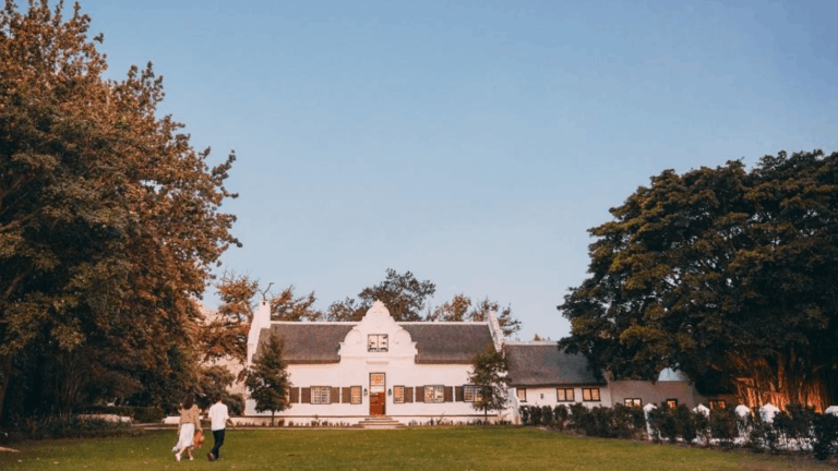 White Cape Dutch-style manor house with a thatched roof, surrounded by large trees and a green lawn. Two people walk toward the entrance in the soft golden light of late afternoon, creating a peaceful and timeless vineyard estate scene.
